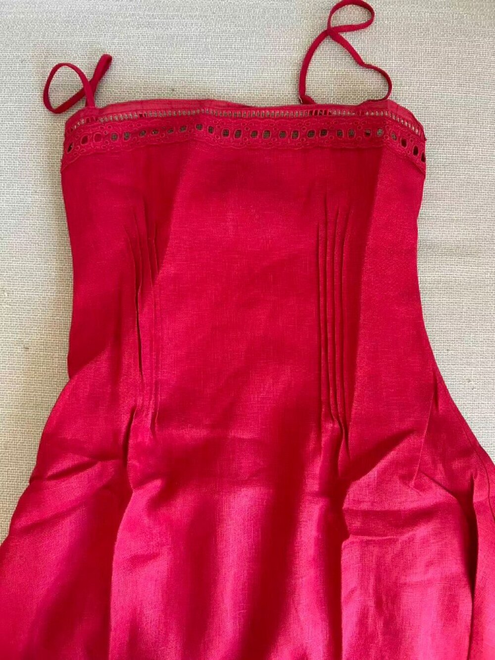 EUC Reformation Pomona Linen Midi Dress Sz2 Lipstick Red Lace Trim French Party - Picture 5 of 9